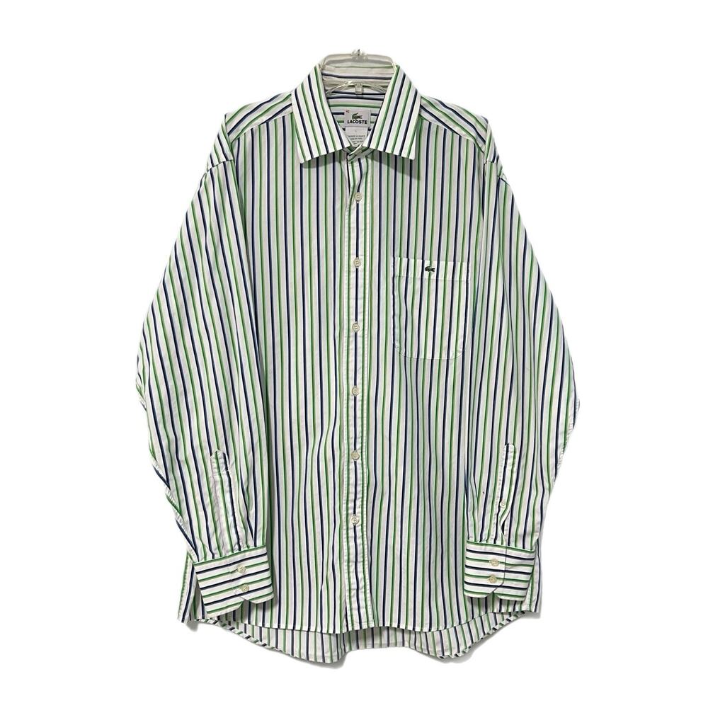 Lacoste Classic Fit Button Up Shirt Mens 42 Large Green Blue Striped Preppy Peru